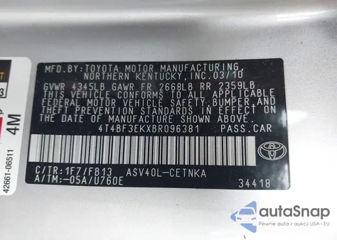 2011 Toyota Camry Le/Se/Xle из США, поврежденный, VIN 4T4BF3EKXBR096381